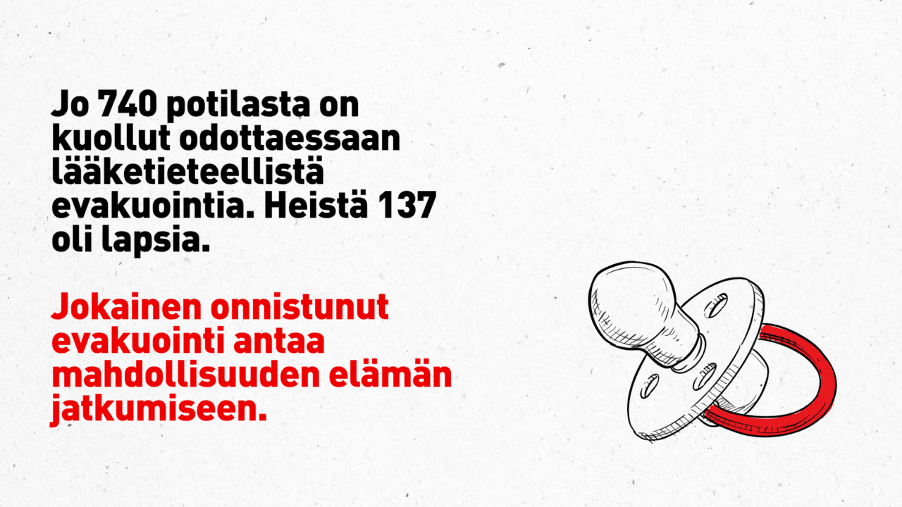 Piirros tutista ja teksti: Jo 740 potilasta on kuollut odottaessaan lääketieteellistä evakuointia. Heistä 137 oli lapsia. Jokainen onnistunut evakuointi antaa mahdollisuuden elämän jatkumiseen. 